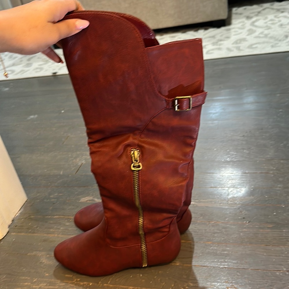 Red mid calf boots